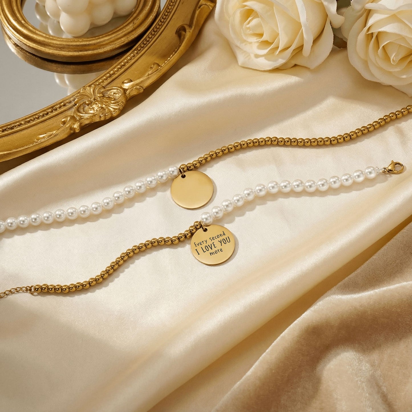 Premium Pearl & Gold Coin Bracelet: Mother of Pearl (I Love You More)
