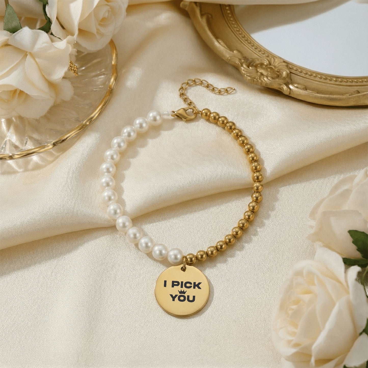 Premium Pearl & Gold Coin Bracelet: Mother of Pearl (I Pick You)