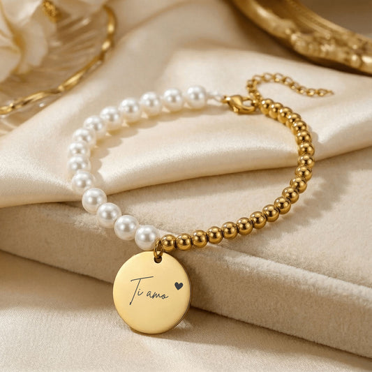 Premium Pearl & Gold Coin Bracelet "Love you" (Italian)