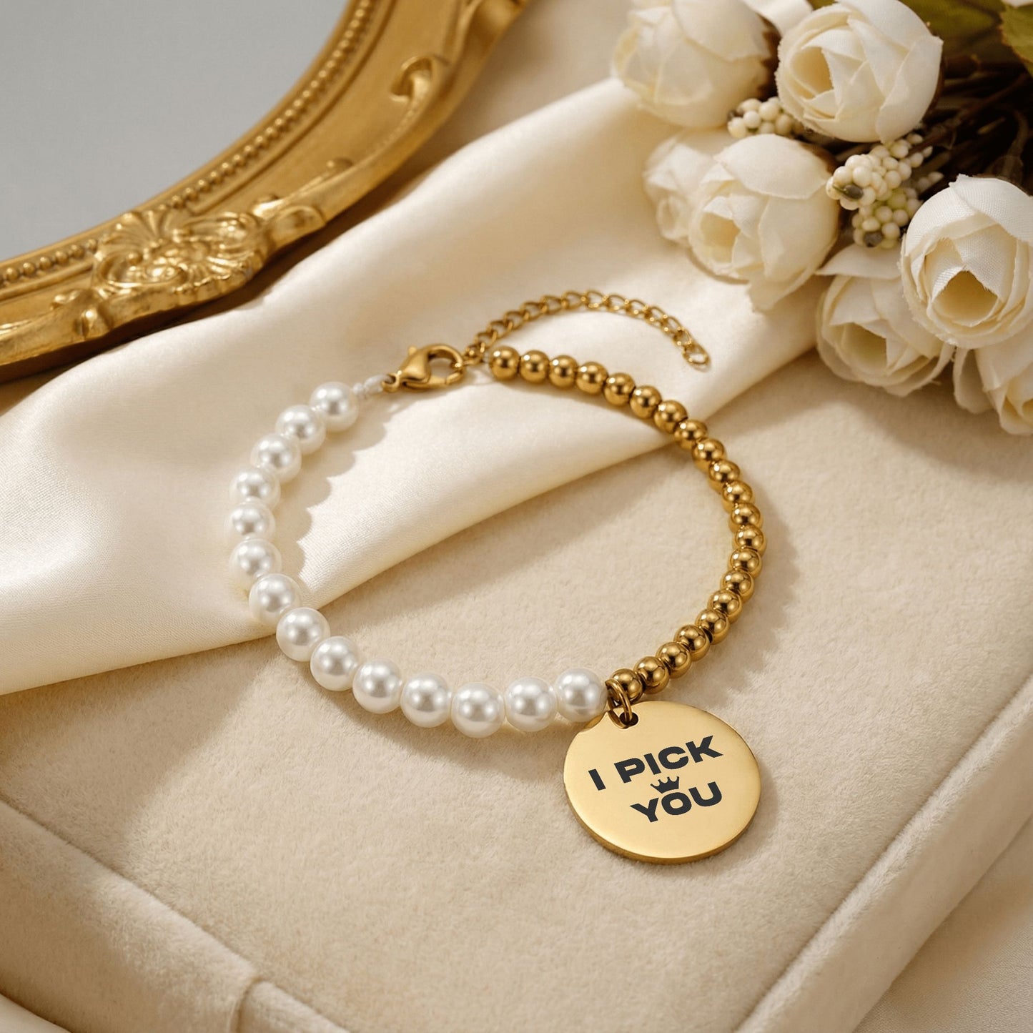 Premium Pearl & Gold Coin Bracelet: Mother of Pearl (I Pick You)
