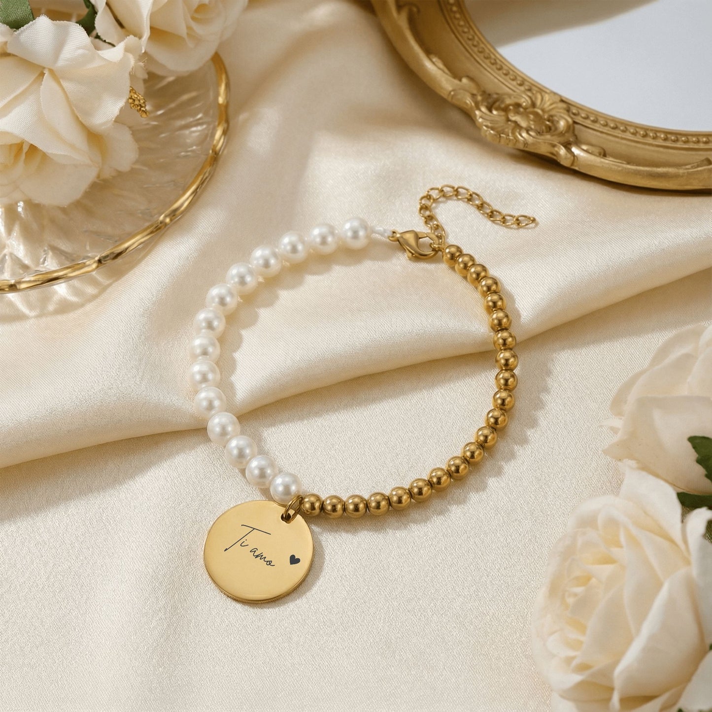 Premium Pearl & Gold Coin Bracelet "Love you" (Italian)
