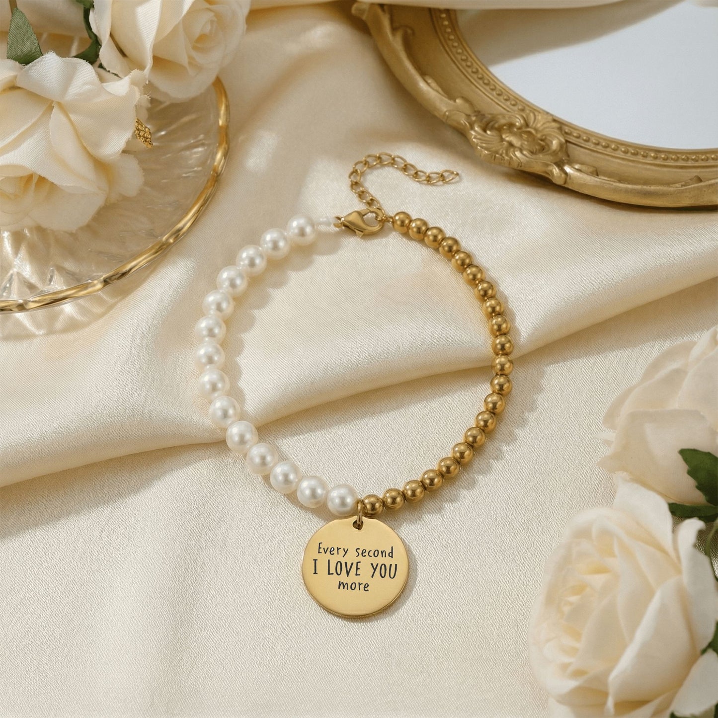 Premium Pearl & Gold Coin Bracelet: Mother of Pearl (I Love You More)